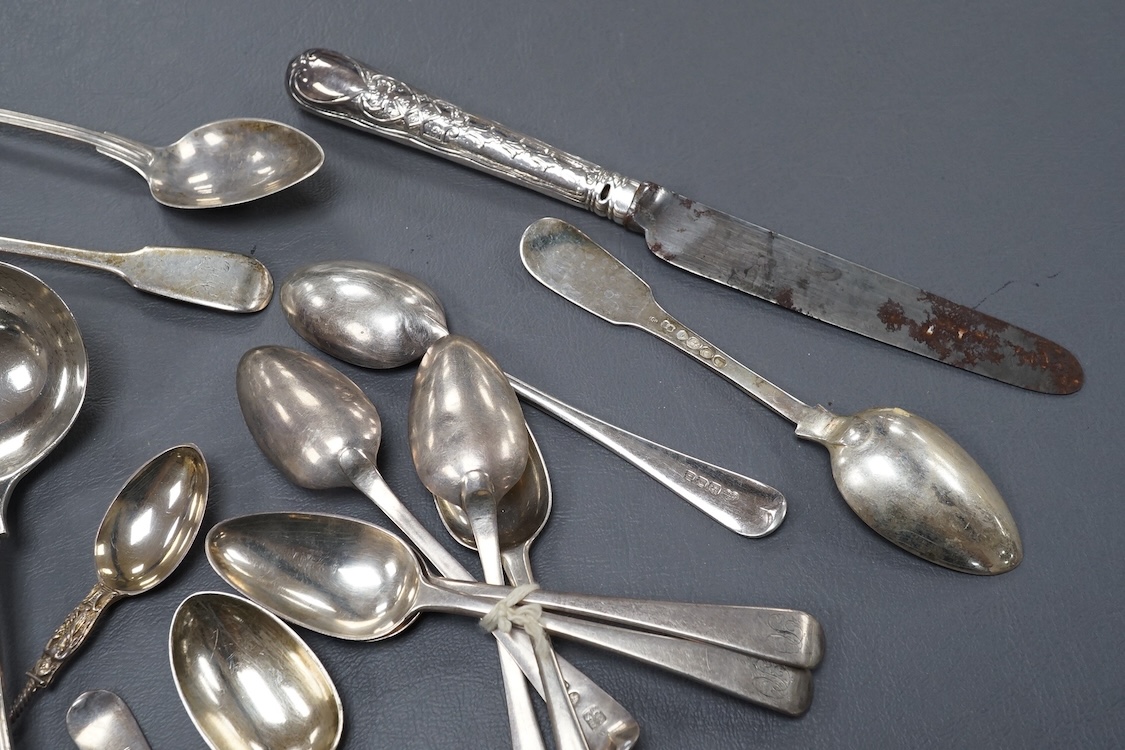 A small quantity of assorted 19th century and later flatware, various dates and makers, 15.3oz